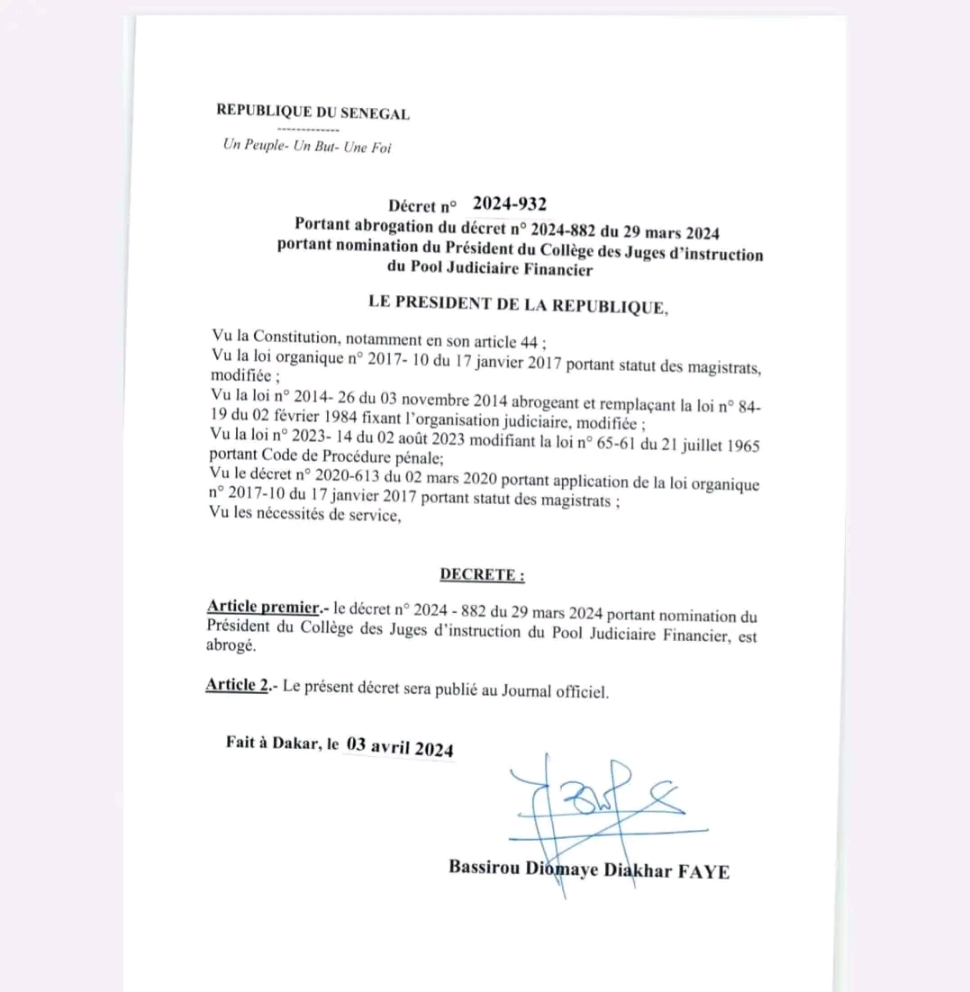 Annulation des nominations de Macky Sall dans la magistrature : Voici les décrets de Bassirou Diomaye Faye