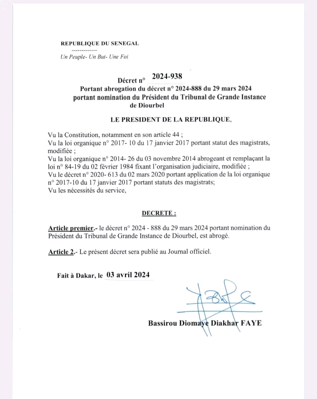 Annulation des nominations de Macky Sall dans la magistrature : Voici les décrets de Bassirou Diomaye Faye