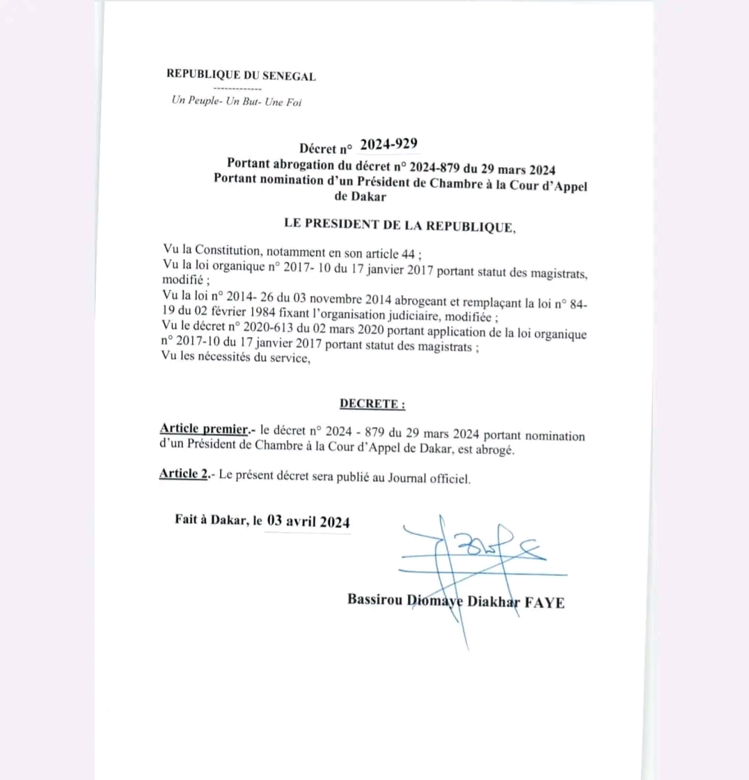 Annulation des nominations de Macky Sall dans la magistrature : Voici les décrets de Bassirou Diomaye Faye