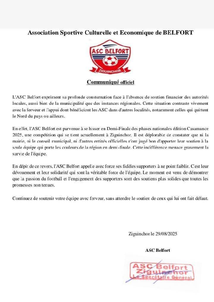 Phases nationales: L’asc Belfort de Ziguinchor déplore le manque de soutien des autorités locales
