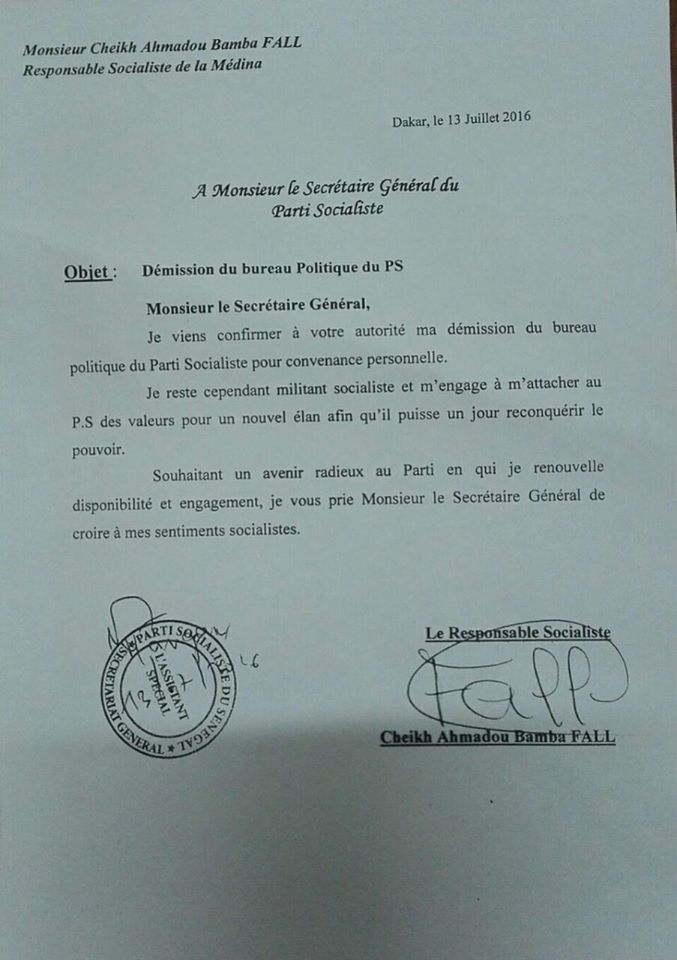 Voici la lettre de démission de Bamba Fall du Bureau politique du Ps
